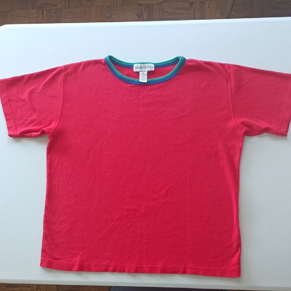 Vintage Robert Scott Ltd Vibrant Red Tee With Blue & Green Trim Size L